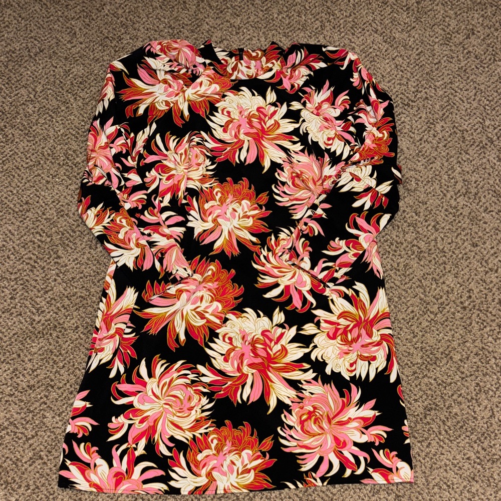 Who What Wear Black Dress with Pink and Cream Floral Design Medium